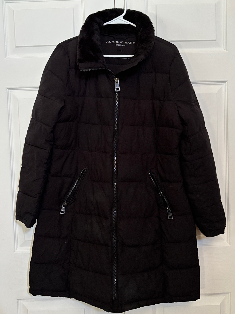 Andrew Marc Women’s L Black Long Puffer Coat Detachable Hood Faux Fur Collar